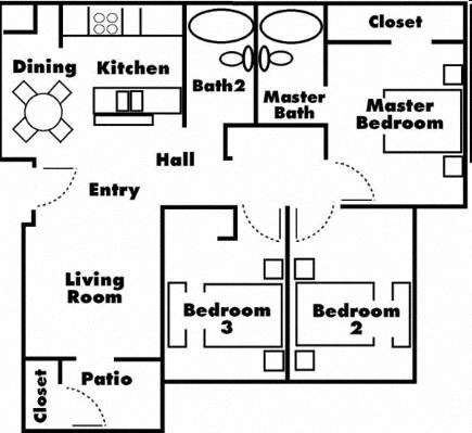 Floor plan for 3 beds, 2 baths, 1176 sqft